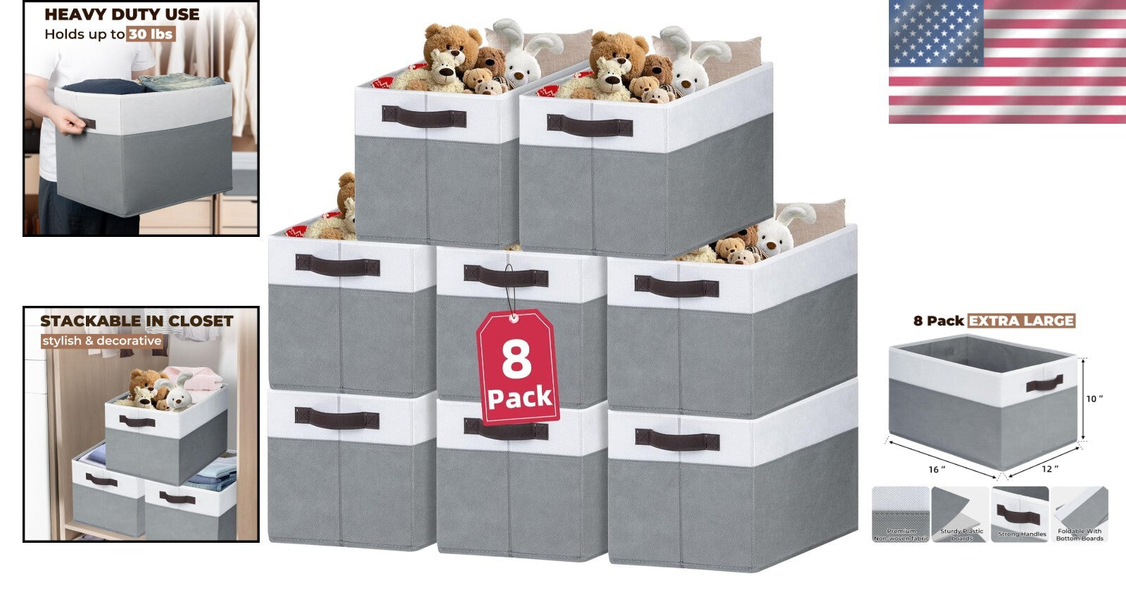 8 Pack Extra Large Storage Bins for Stylish Closet Organization - White & Grey