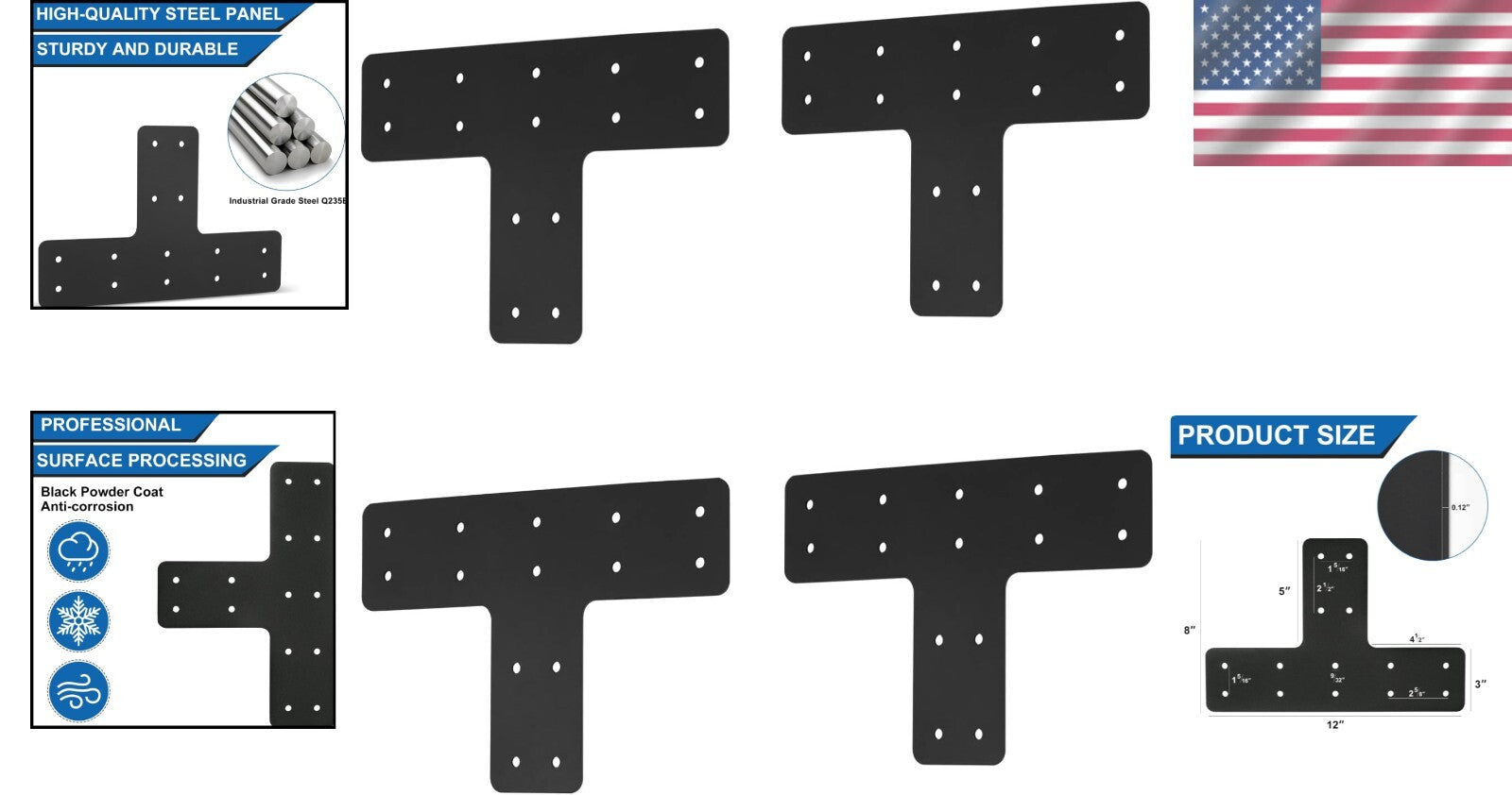 T Shape Steel Brackets 4pcs, 12x8 Inches - Ideal for Garden and Furniture Repair