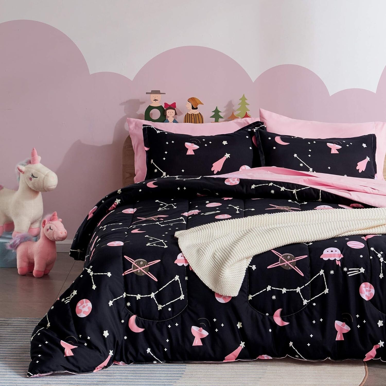 Cute Pink Galaxy Kids Twin Bedding Comforter Set - 5-Piece Ultra-Soft Collection