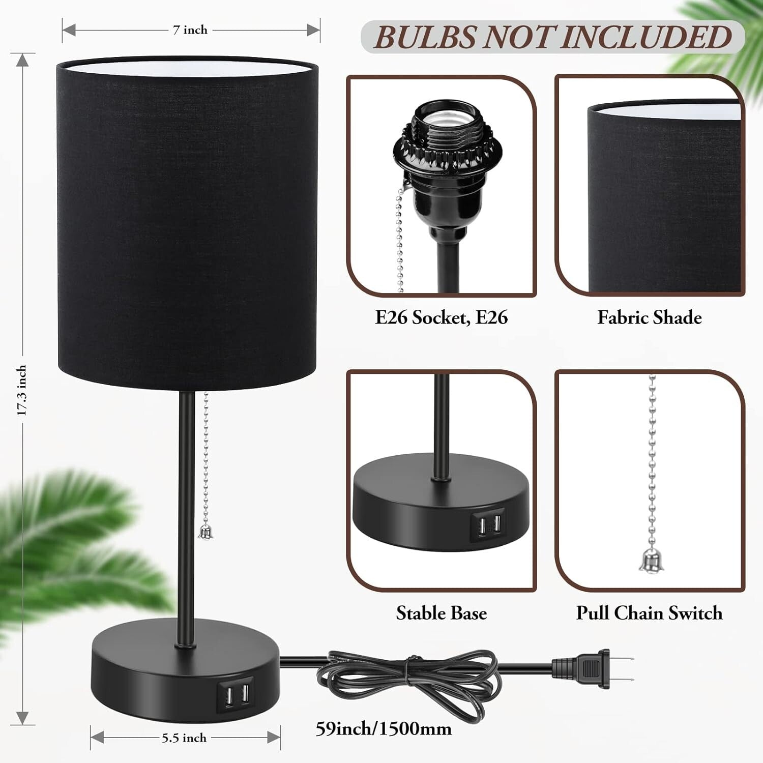 Contemporary Black Table Lamps Set with AC Outlet & Fabric Shade for Ambiance