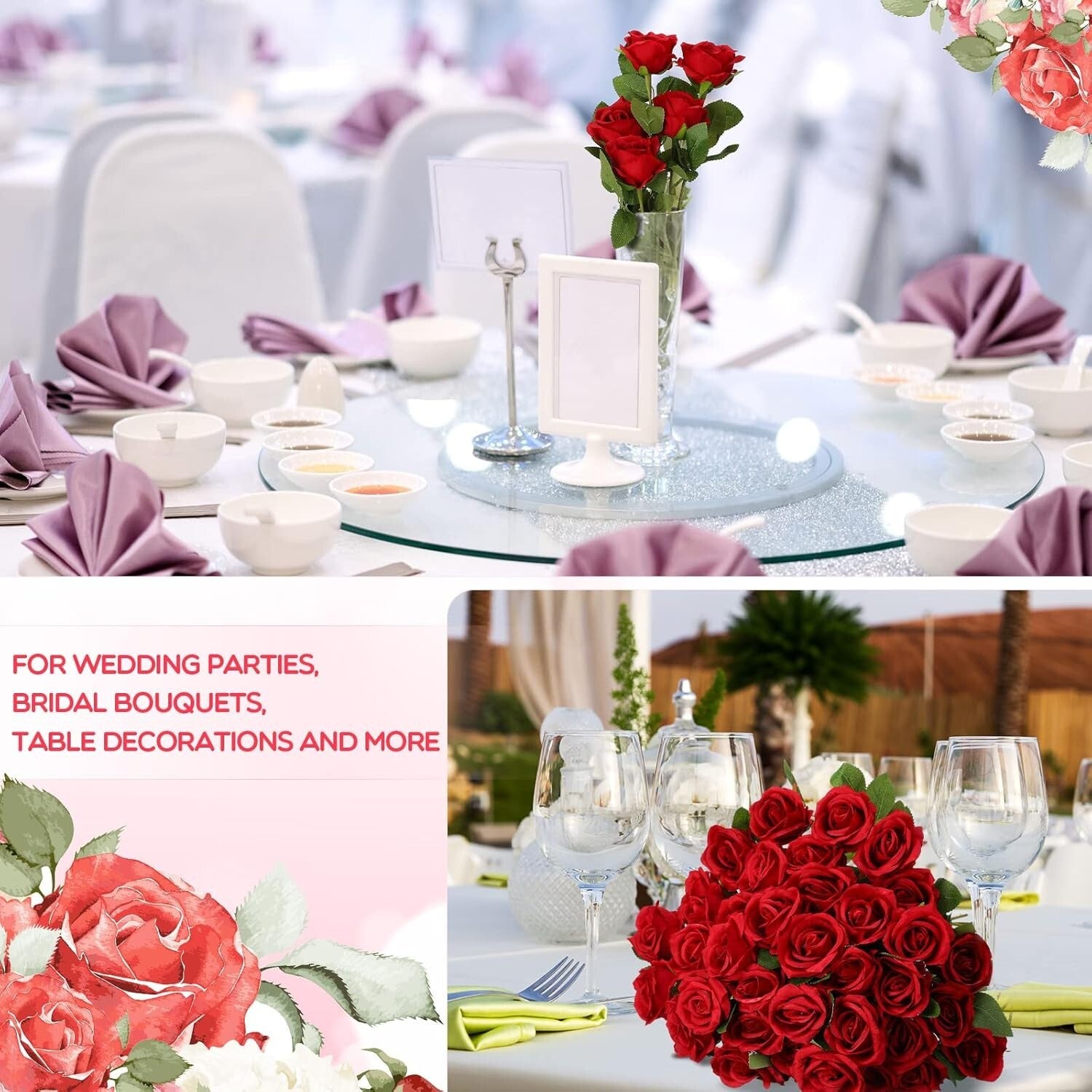 50 Pcs Realistic Red Silk Roses with Flexible Stems - Ideal for Weddings & Decor