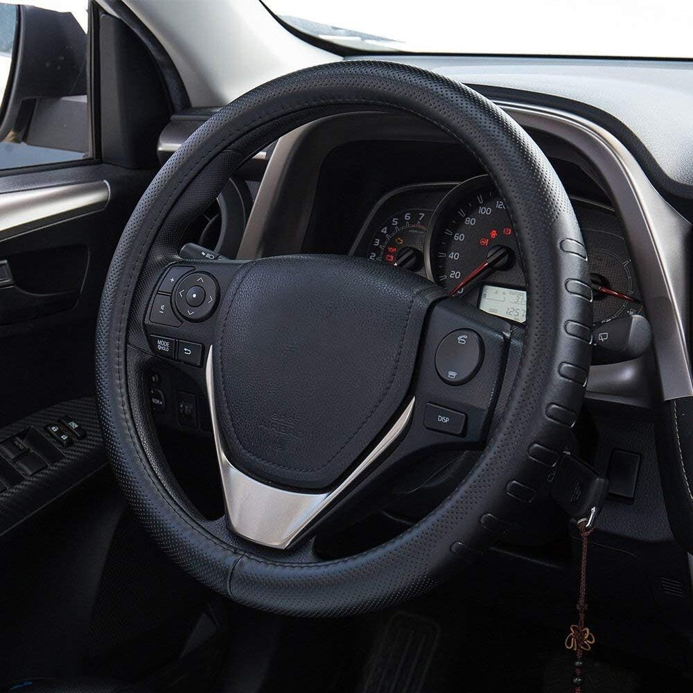 15.5-Inch Black Leather Steering Wheel Cover – Protect & Enhance Driving Comfort