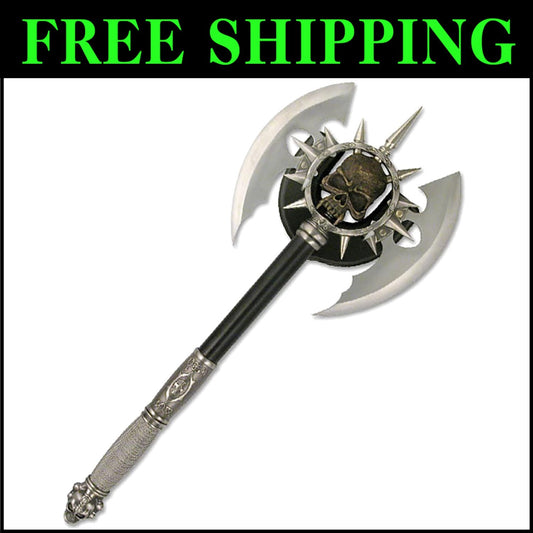 Full-Size Medieval Fantasy Axe with Dual Blades & Skull Plaque Display - SW-701