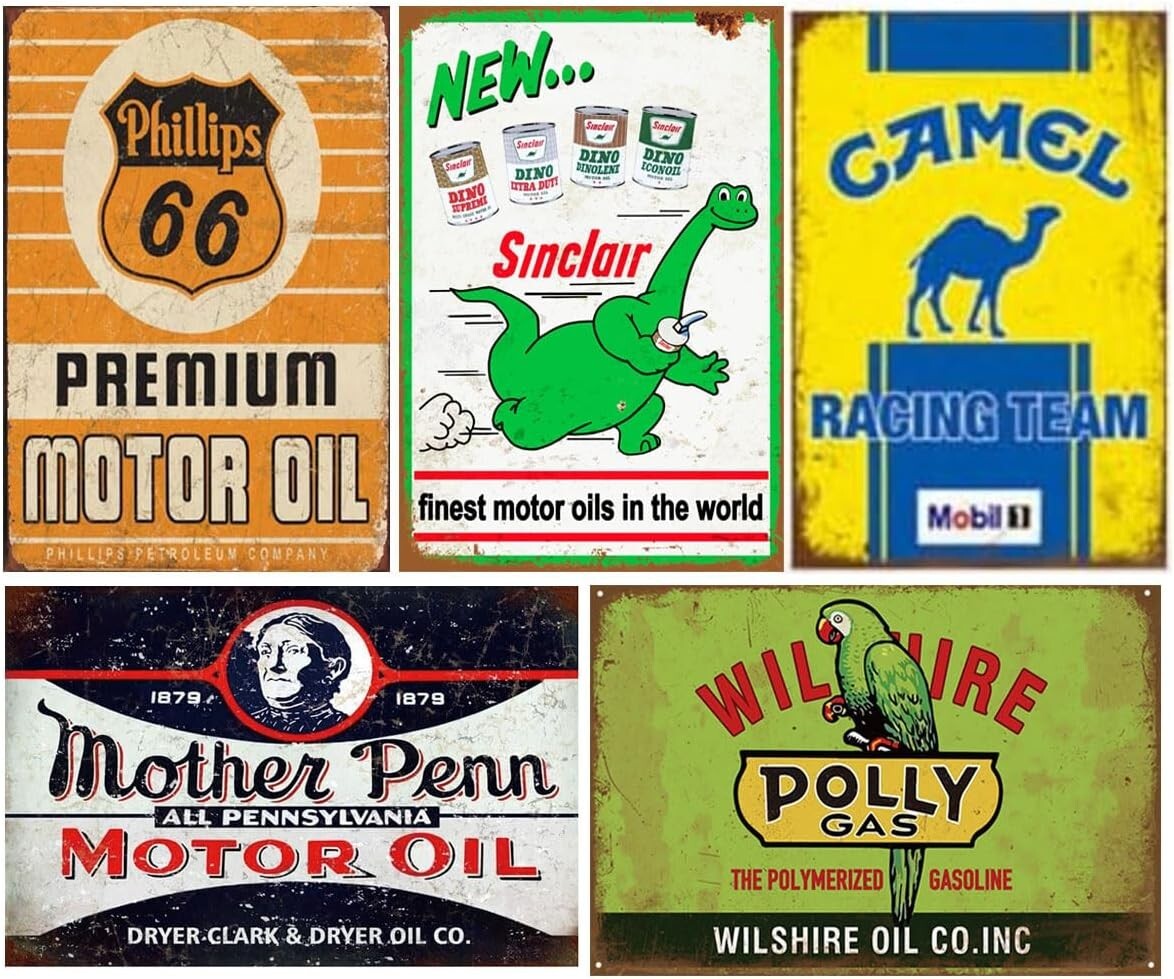 Retro Garage Wall Art Set – 35 Pieces of Antique Metal Signs for Unique Decor