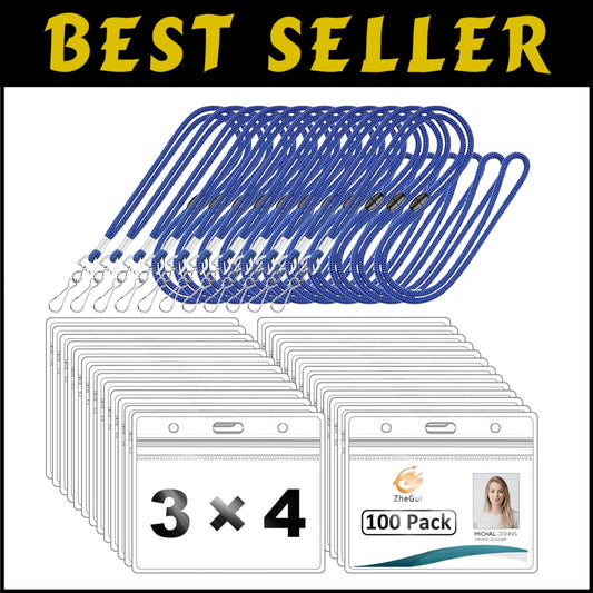 Durable 100 Pack Horizontal ID Badge Holders with Comfort Lanyards - Breakaway