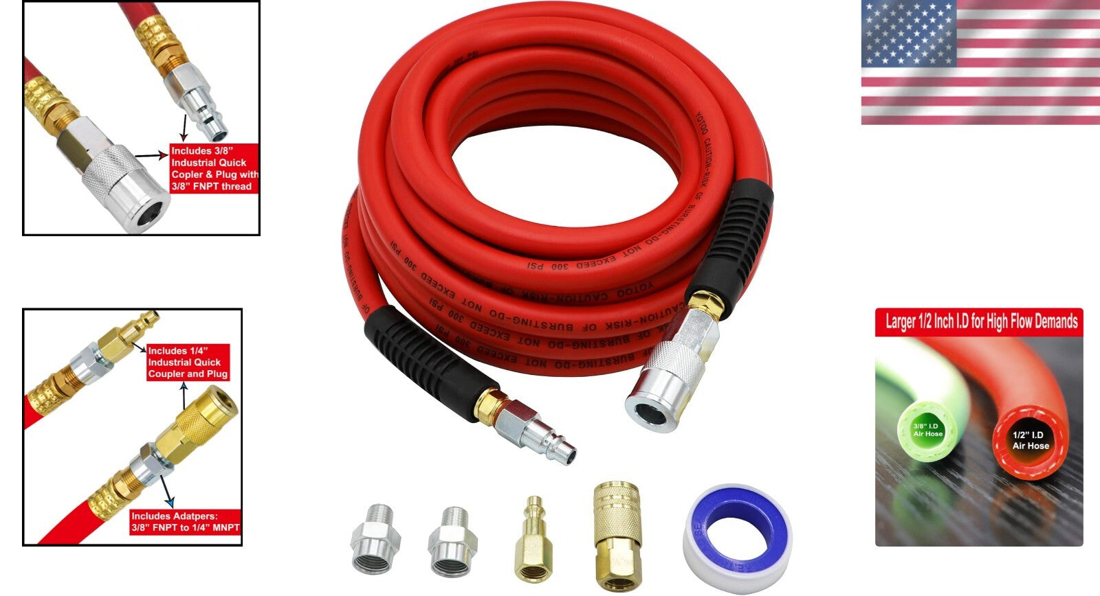 1/2" x 25ft Heavy Duty Air Hose with Solid Brass Fittings - 300 PSI Flexibility