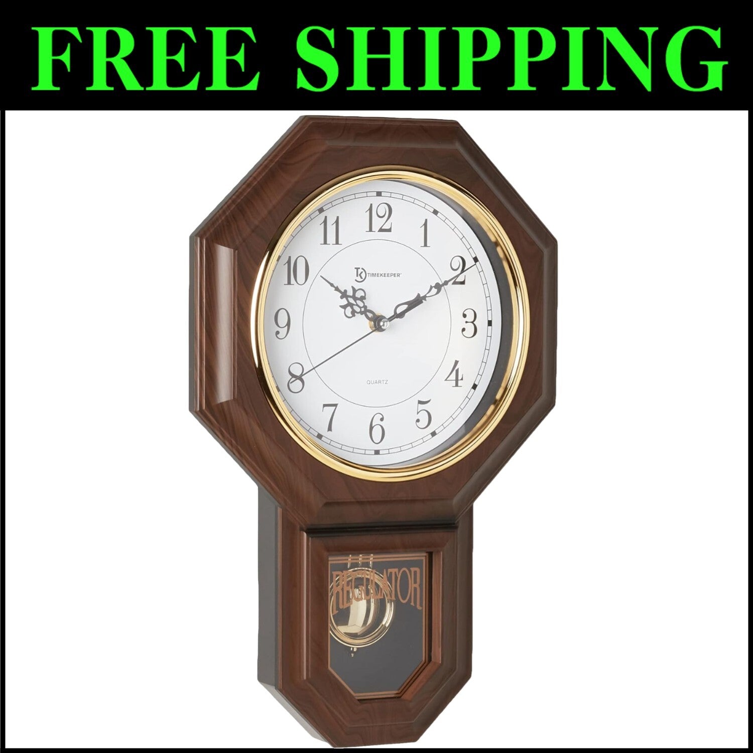 Stylish Walnut Pendulum Wall Clock with White Dial and Hourly Chime - 20.5"