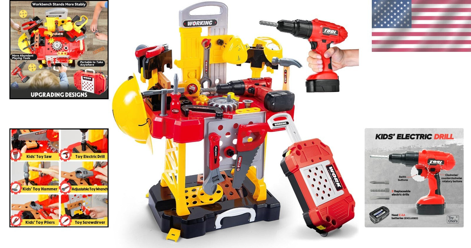 Creative Kids Tool Set with Realistic Electric Drill & Transformable Workbench