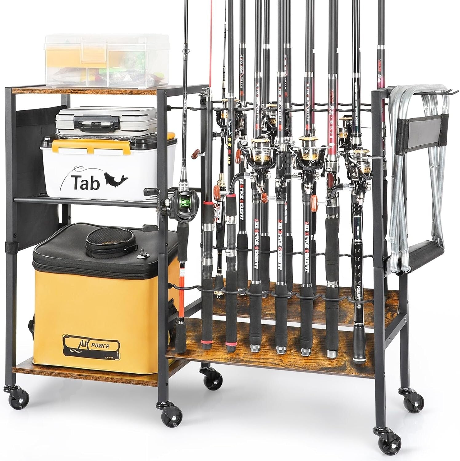 Professional Fishing Gear Storage on Wheels - 16 Rod Holder with Rubber Support