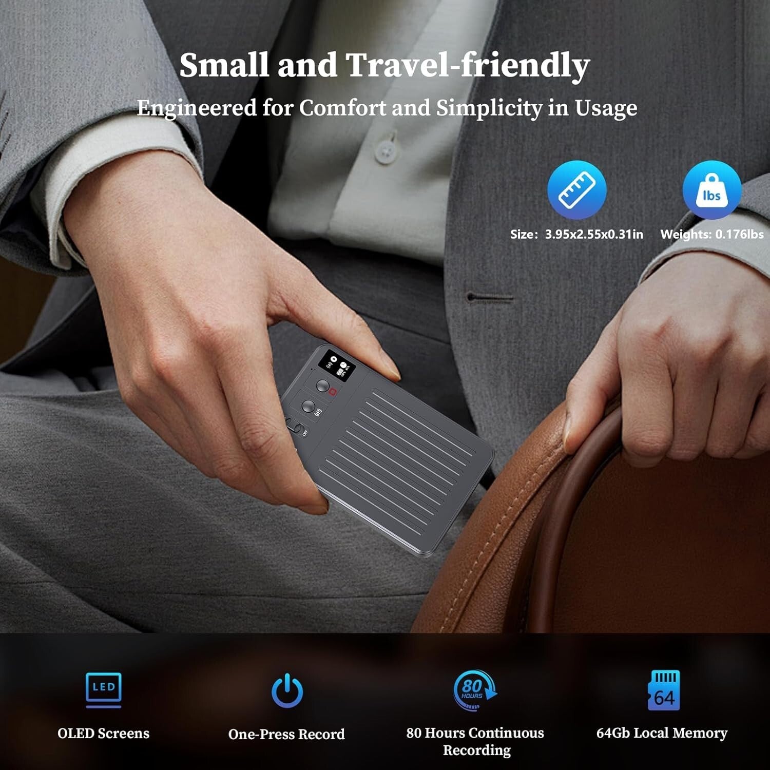 Compact AI Voice Recorder with 80-Hour Battery & App Control - 121 Languages