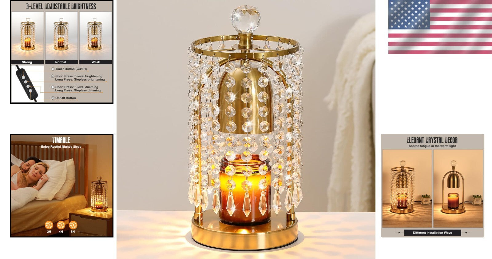 Versatile Dimmable Candle Warmer in Gold: Timer, Bulbs Included, Crystal Accents