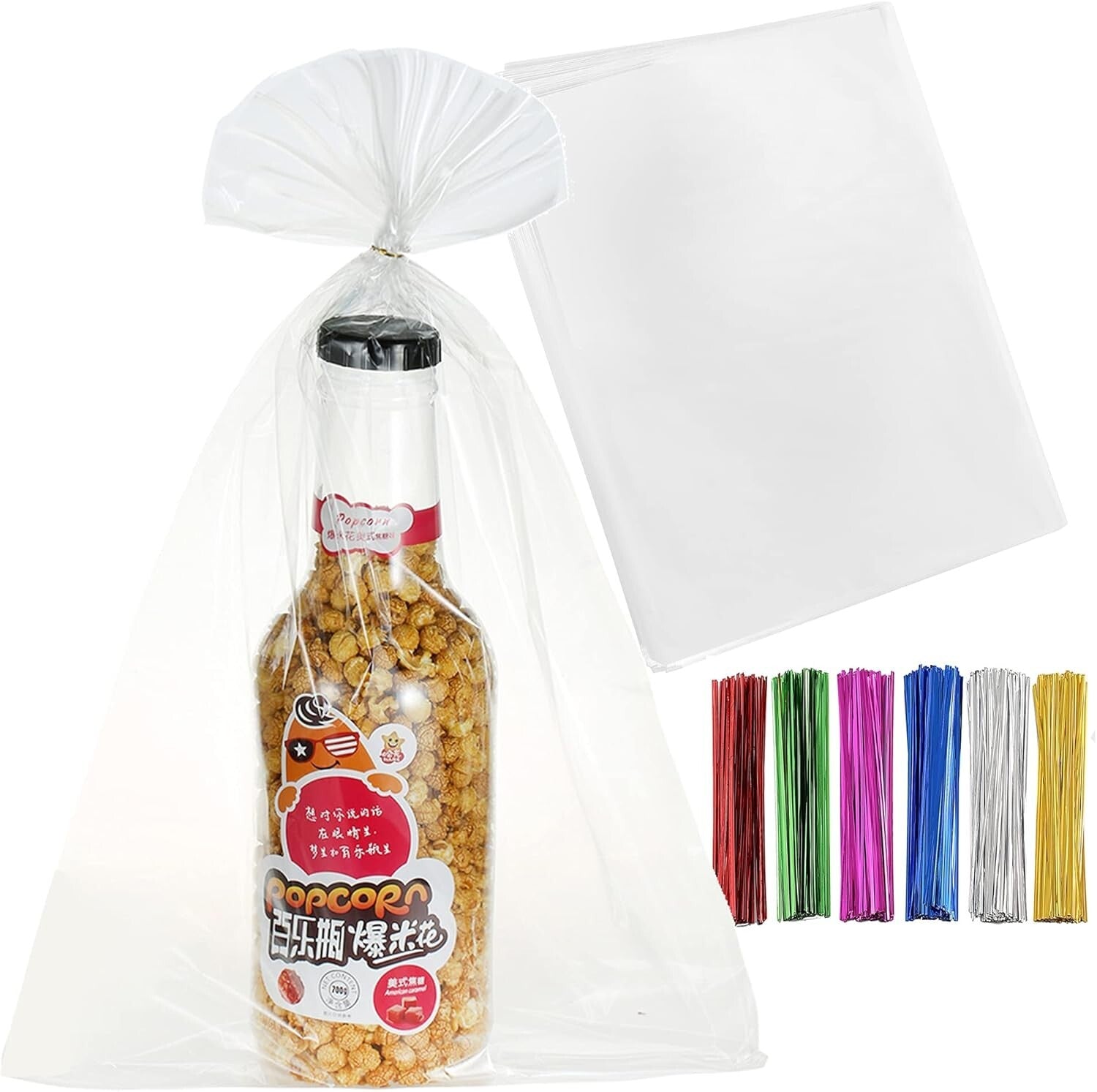 100 Pcs Premium 20"x30" Clear Cello Treat Bags with Colorful Twist Ties