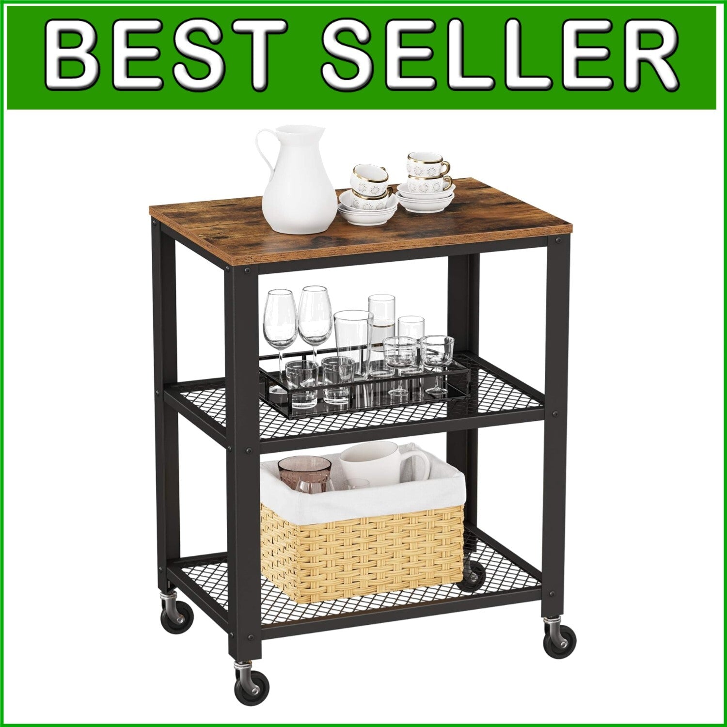 BRYCE 3-Tier Kitchen Utility Cart on Wheels - Rustic Brown and Black Elegance