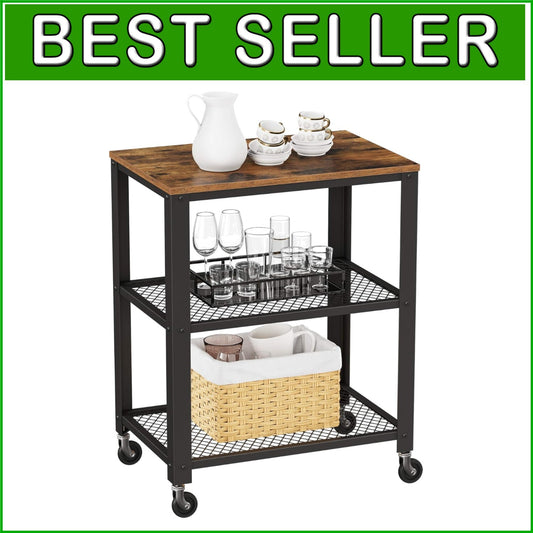BRYCE 3-Tier Kitchen Utility Cart on Wheels - Rustic Brown and Black Elegance