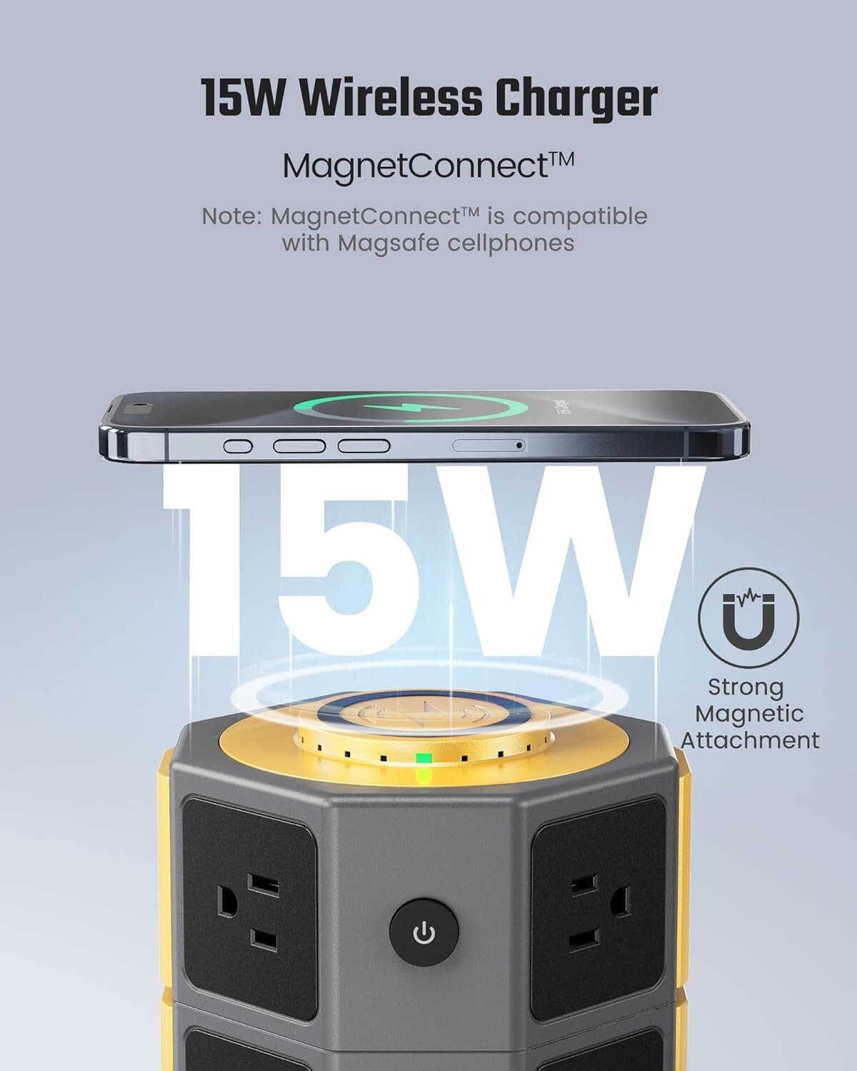 Elegant Surge Protector Tower with 15W Wireless Charger & 12 AC Outlets in Gold