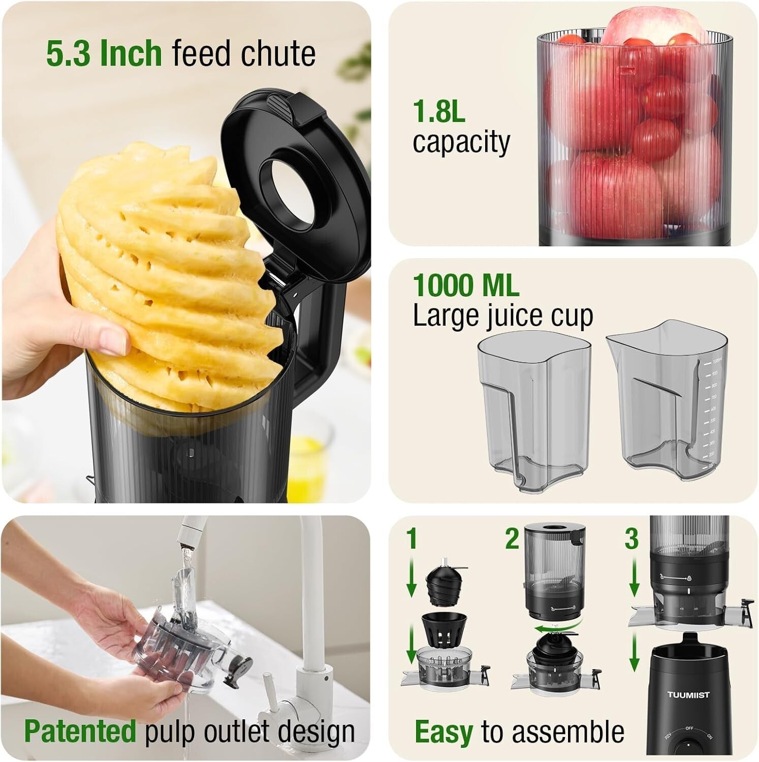 Effortless Cold Press Juicer with 5.3'' Extra Chute - Squeeze Fresh Juice Today