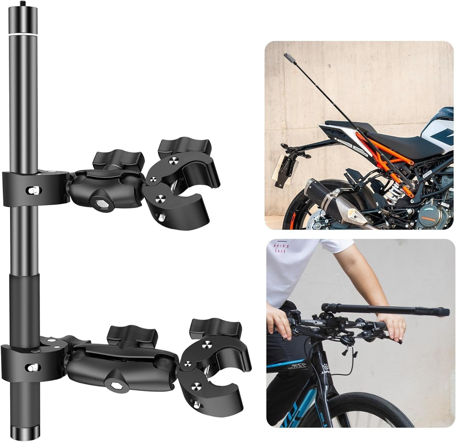 Motorcycle Handlebar Double Clamp Mount with 67" Selfie Stick for Action Cameras