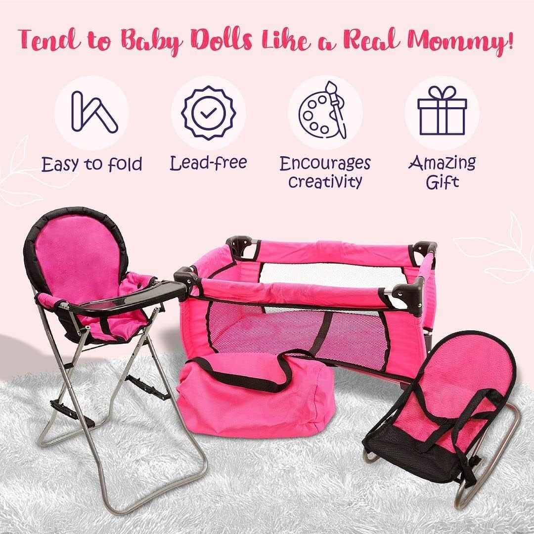 3-in-1 Pink Baby Doll Accessories Set - Crib, Bouncer & High Chair for 18" Dolls