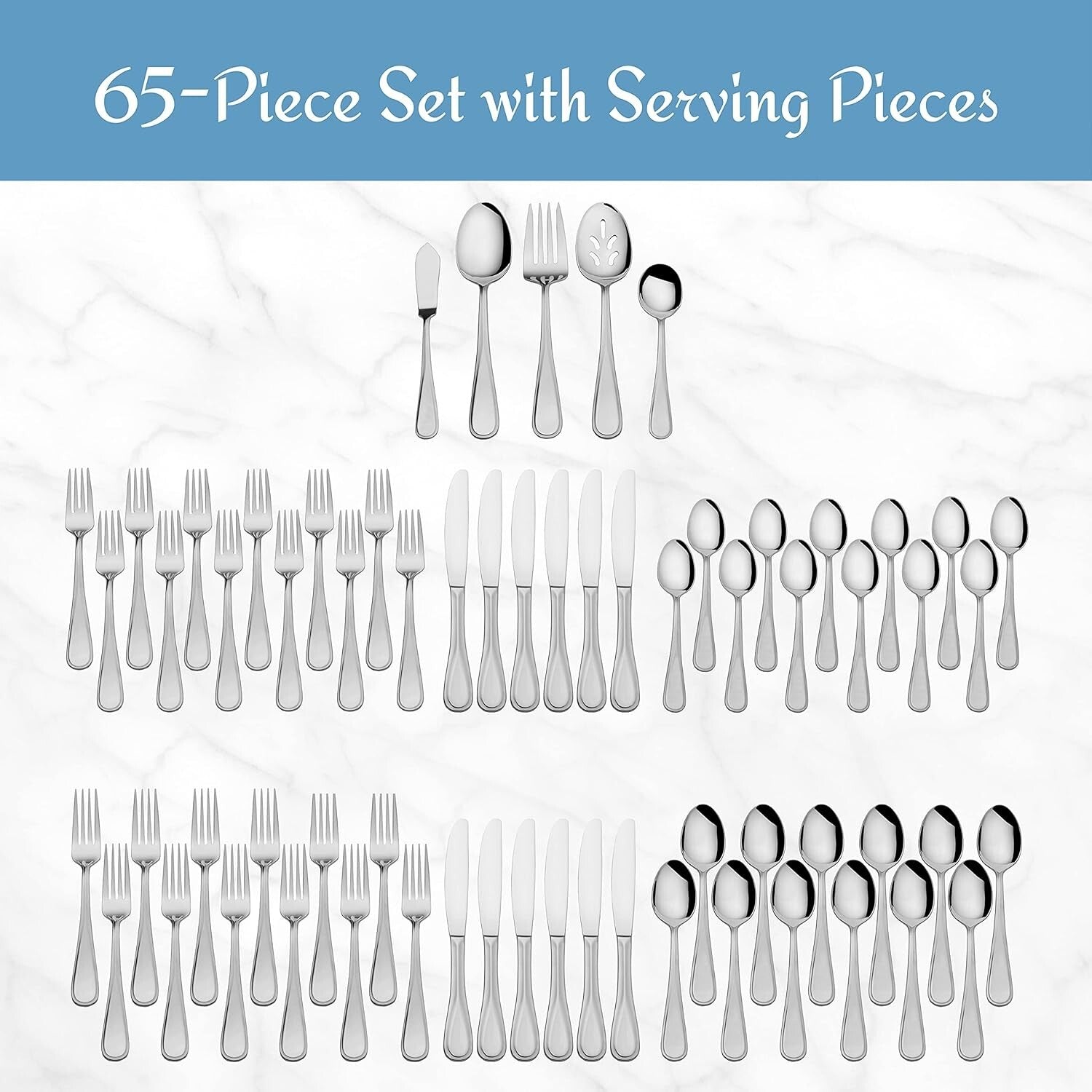 Elegant 65-Piece Bravo Silverware Set - Stain Resistant, Dishwasher Safe Design