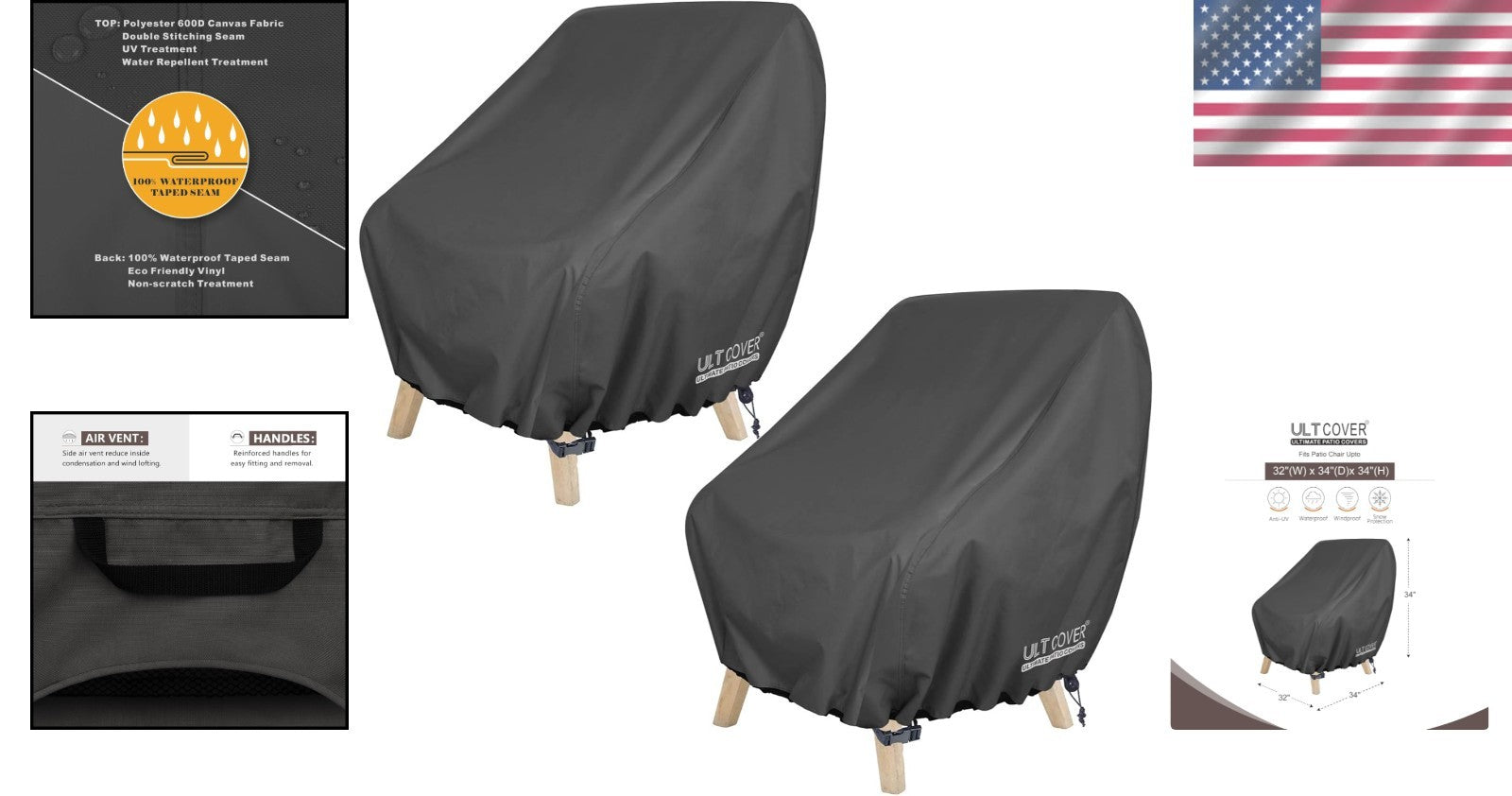 Full Coverage Outdoor Chair Covers - Waterproof Black for Deep Seats 2-Pack