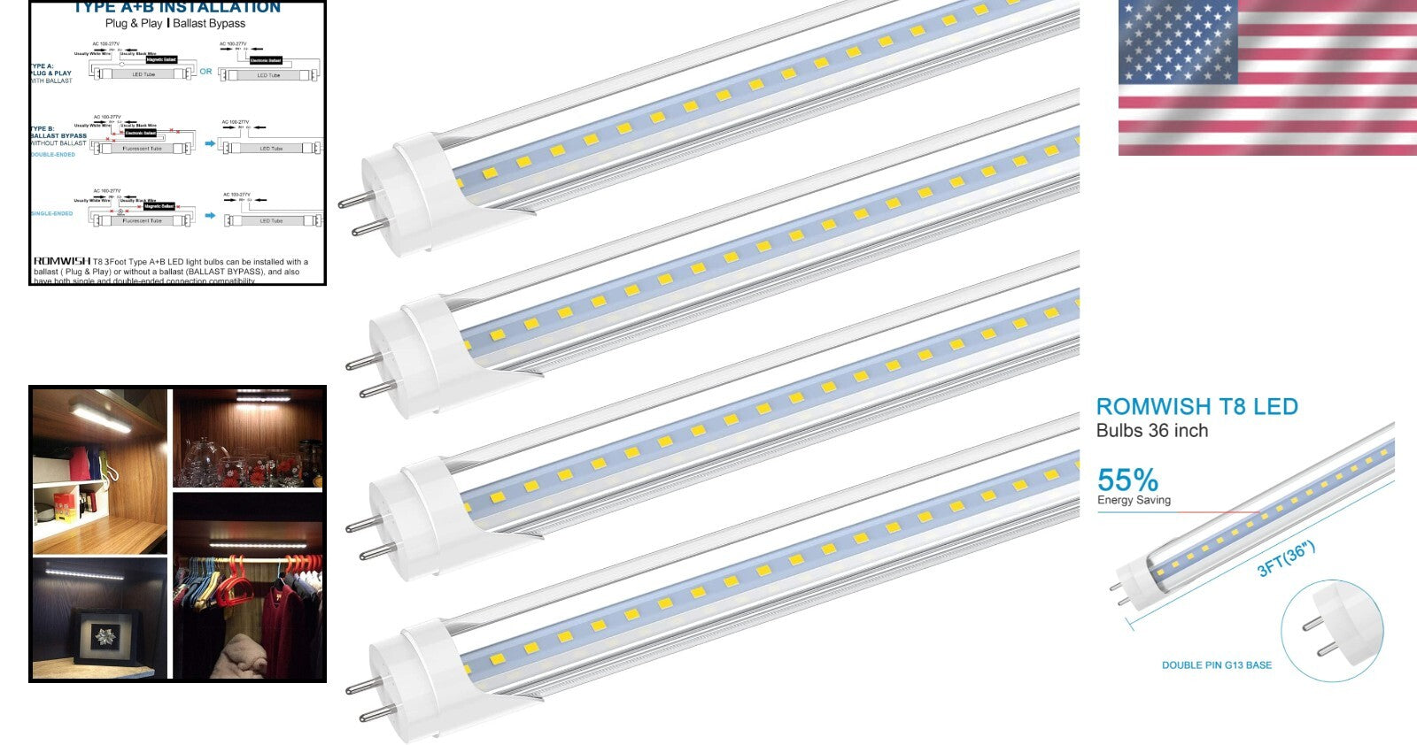 Energy Efficient 3FT LED Light Bulbs 14W, Daylight White 5000K, 4 Pack