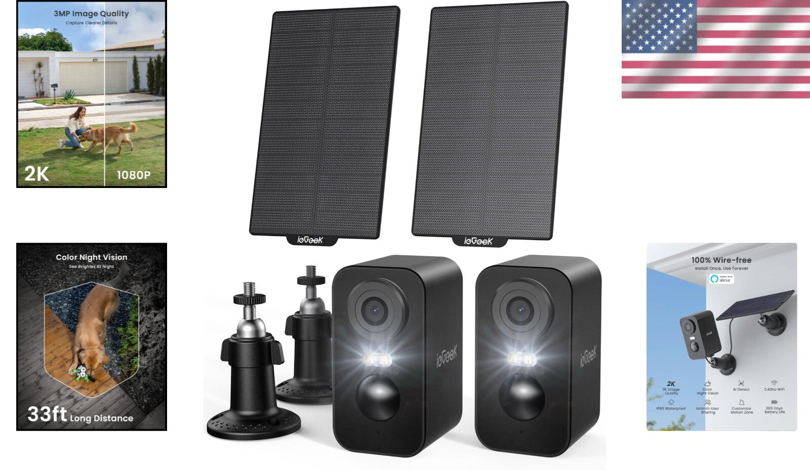 Smart Home 2-Pack Solar Security Cameras with Color Night Vision & AI Alerts
