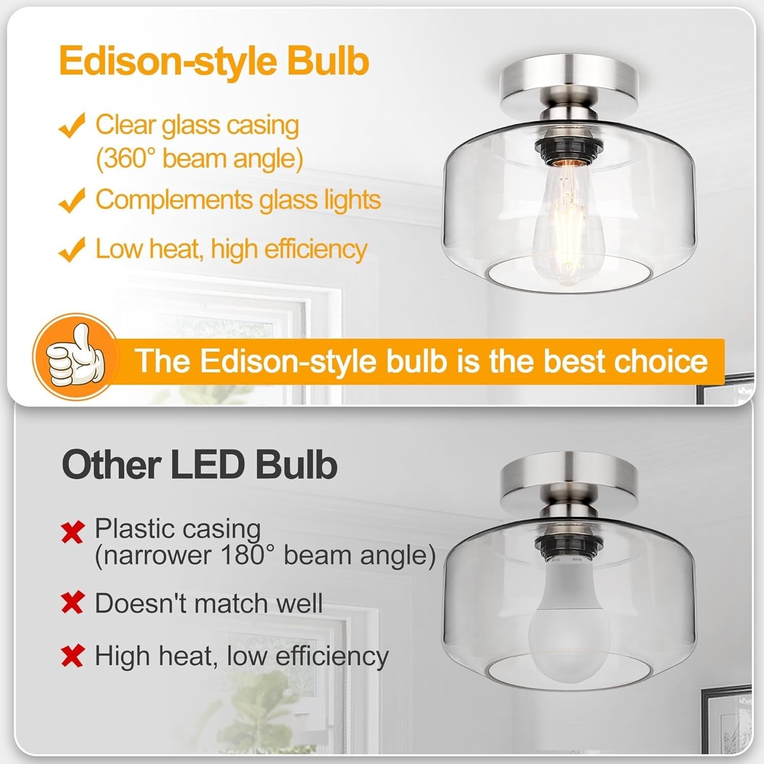 Semi Flush Mount Industrial Ceiling Light with Clear Glass and Brushed Nickel