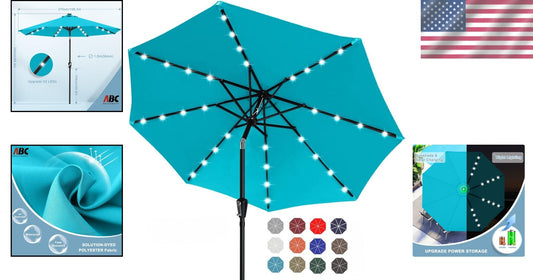 Durable 9FT Turquoise Solar LED Patio Umbrella with 32 Lights - Elegant Shade