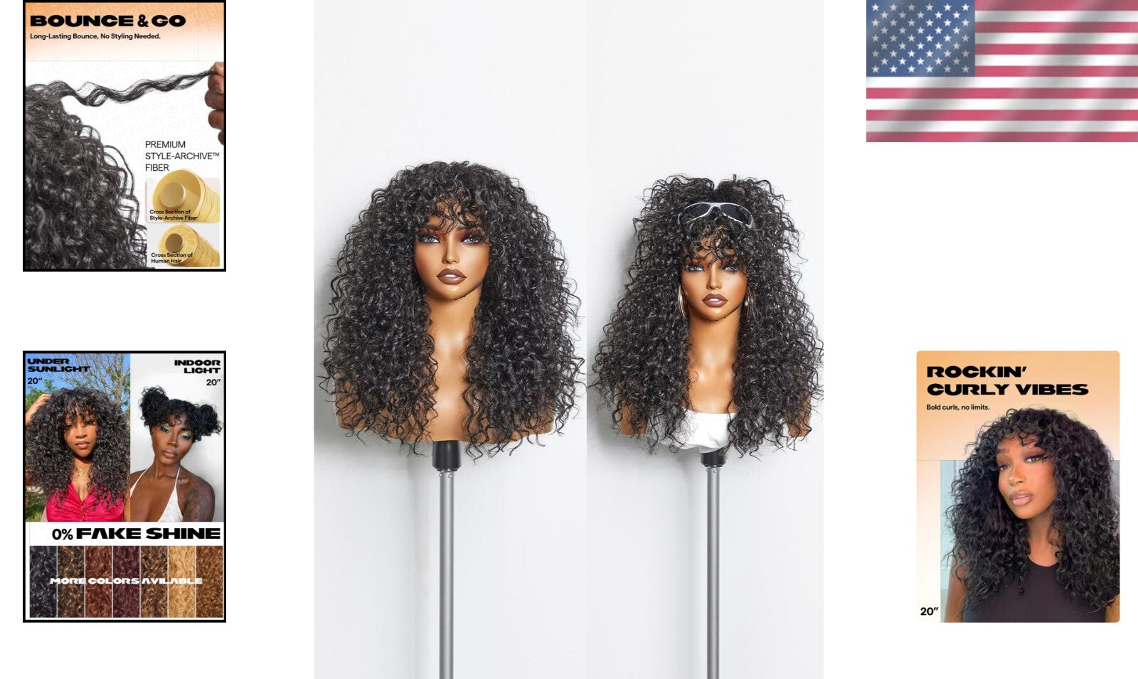Effortless Style: 20-Inch Glueless Black Curly Wig with Face-Framing Bangs