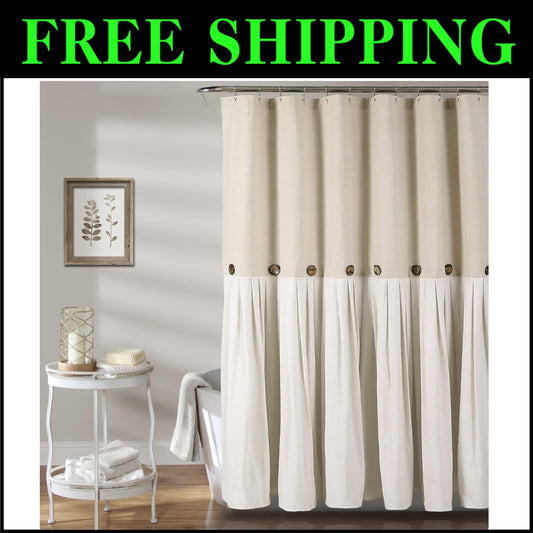 Charming Color Block Shower Curtain with Coconut Buttons - Farmhouse Decor