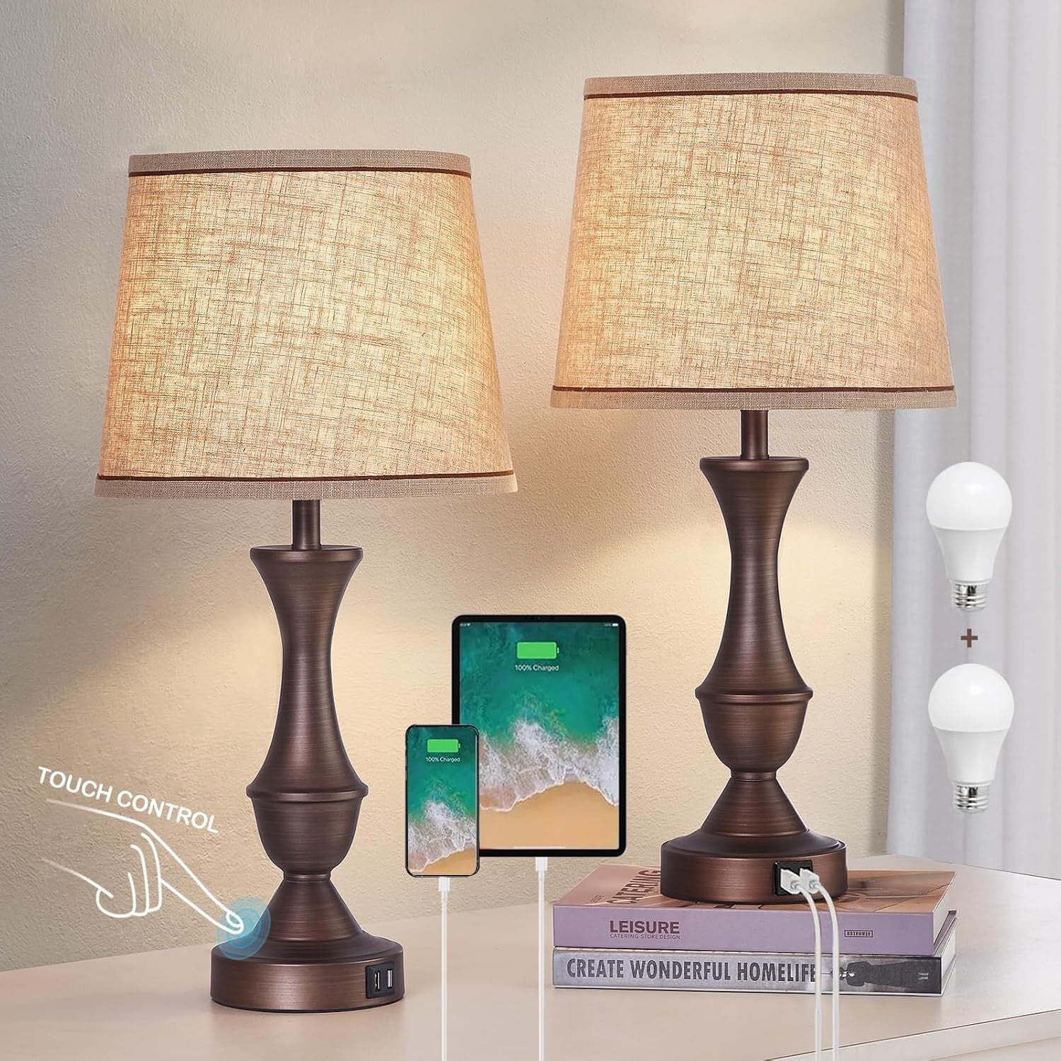 Elegant Touch Bedside Lamps Set with USB Ports - 22" Modern Dimming Lamps