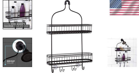 Elegant Rust-Resistant Shower Caddy with Extra Wide Shelves & Hooks - Bronze