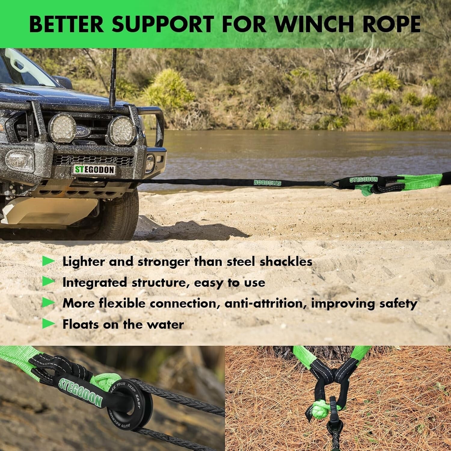 1/2" x 85 ft Synthetic Winch Line Kit - 32000lbs with Soft Shackles & Hook
