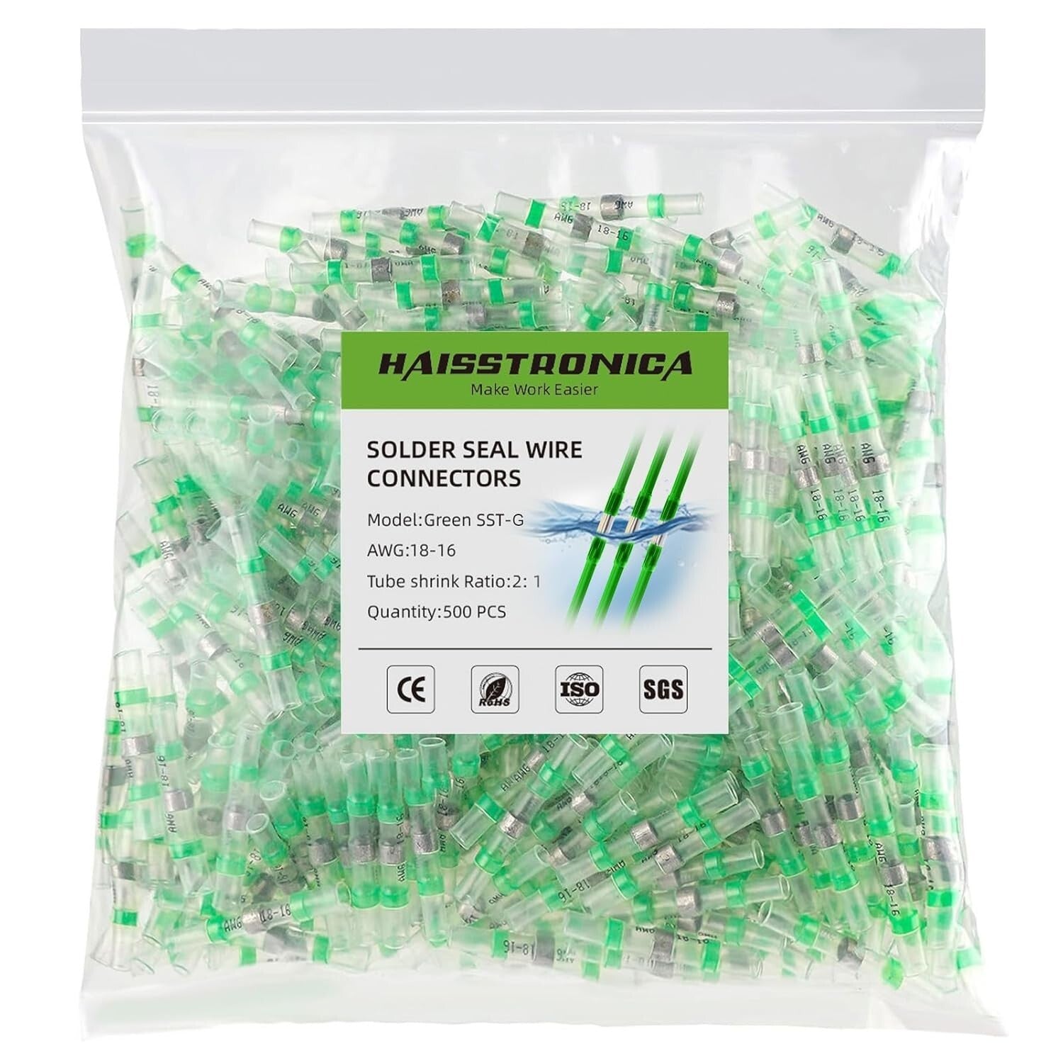 500PCS Green Marine Grade Heat Shrink Connectors with 2 Hot Melt Adhesive Rings