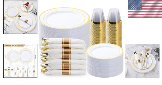 Complete Gold Plastic Dinnerware Set - 350PCS for Effortless Entertaining of 50