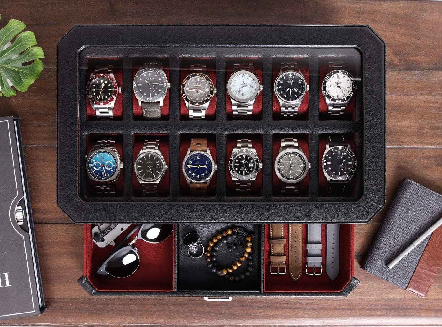 Stylish Black/Red Watch Storage Box with Key Lock & 12 Slots for Men & Women