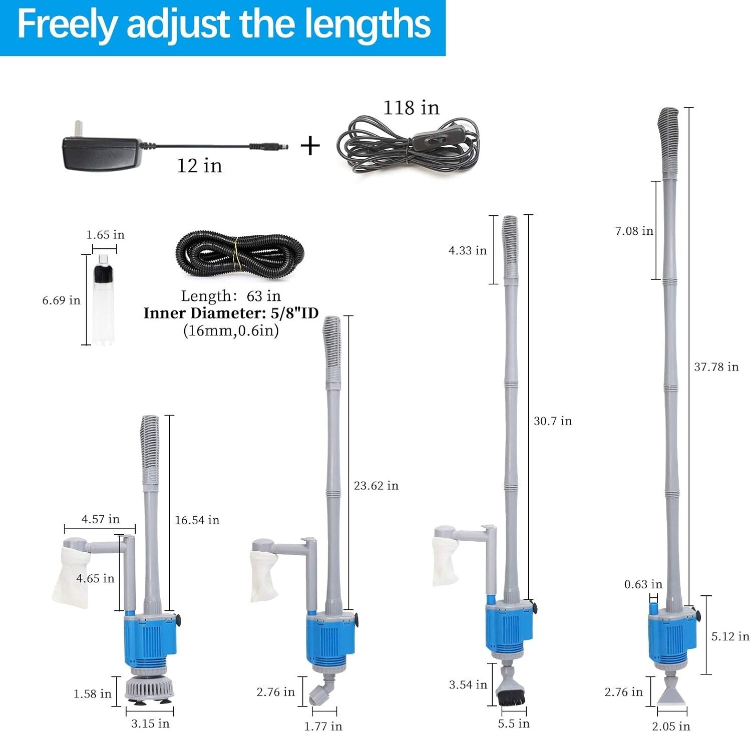 6-in-1 Electric Aquarium Cleaner: 12V, 28W Gravel Vacuum for 10-200 Gallon Tanks