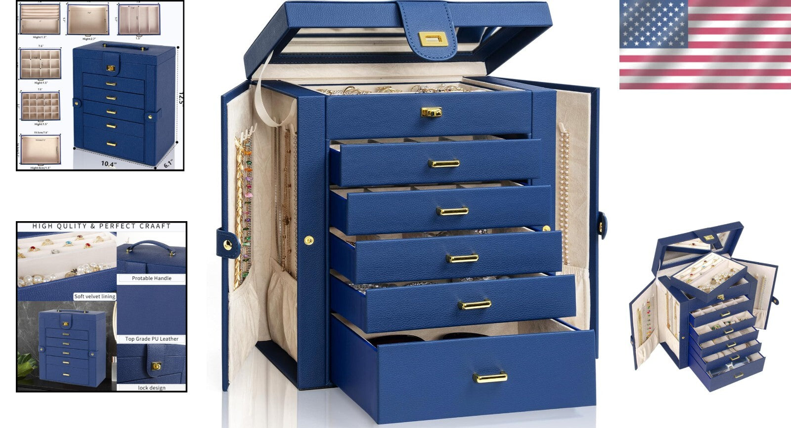 Elegant Lockable Jewelry Organizer with Large Mirror & 6 Drawer Storage - Blue