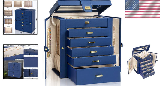 Elegant Lockable Jewelry Organizer with Large Mirror & 6 Drawer Storage - Blue