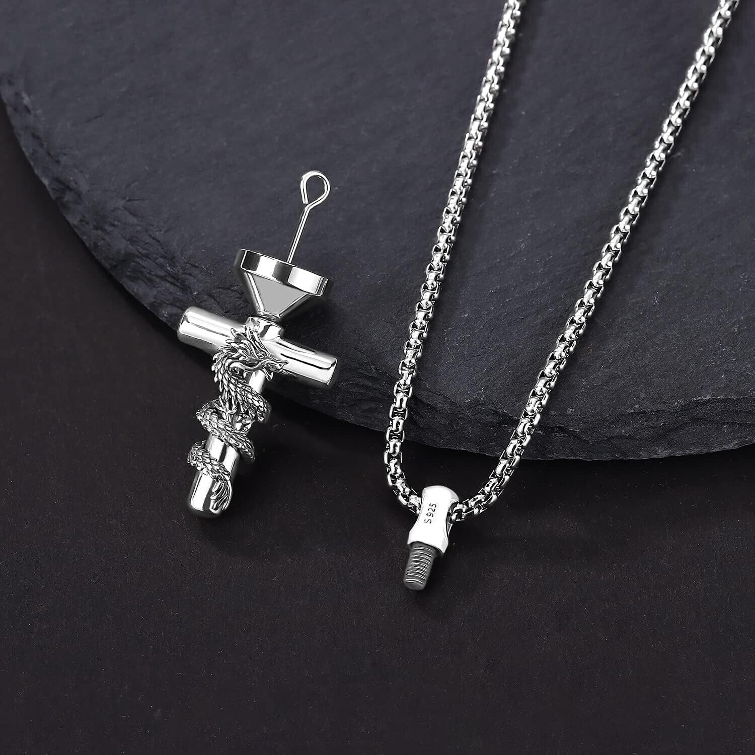Elegant S925 Sterling Silver Dragon Cross Urn Necklace for Ashes Keepsake