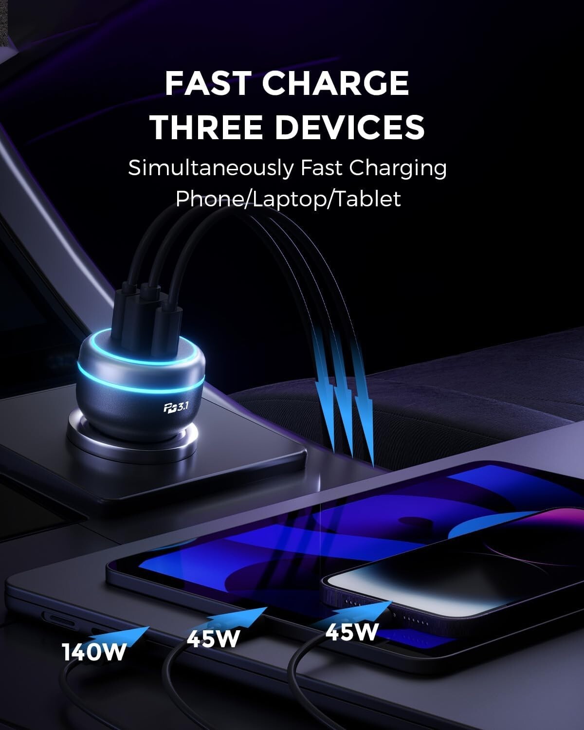 Super Fast Car Charger: 230W USB-C with QC 3.0 & Dual Ports for Fast Charging