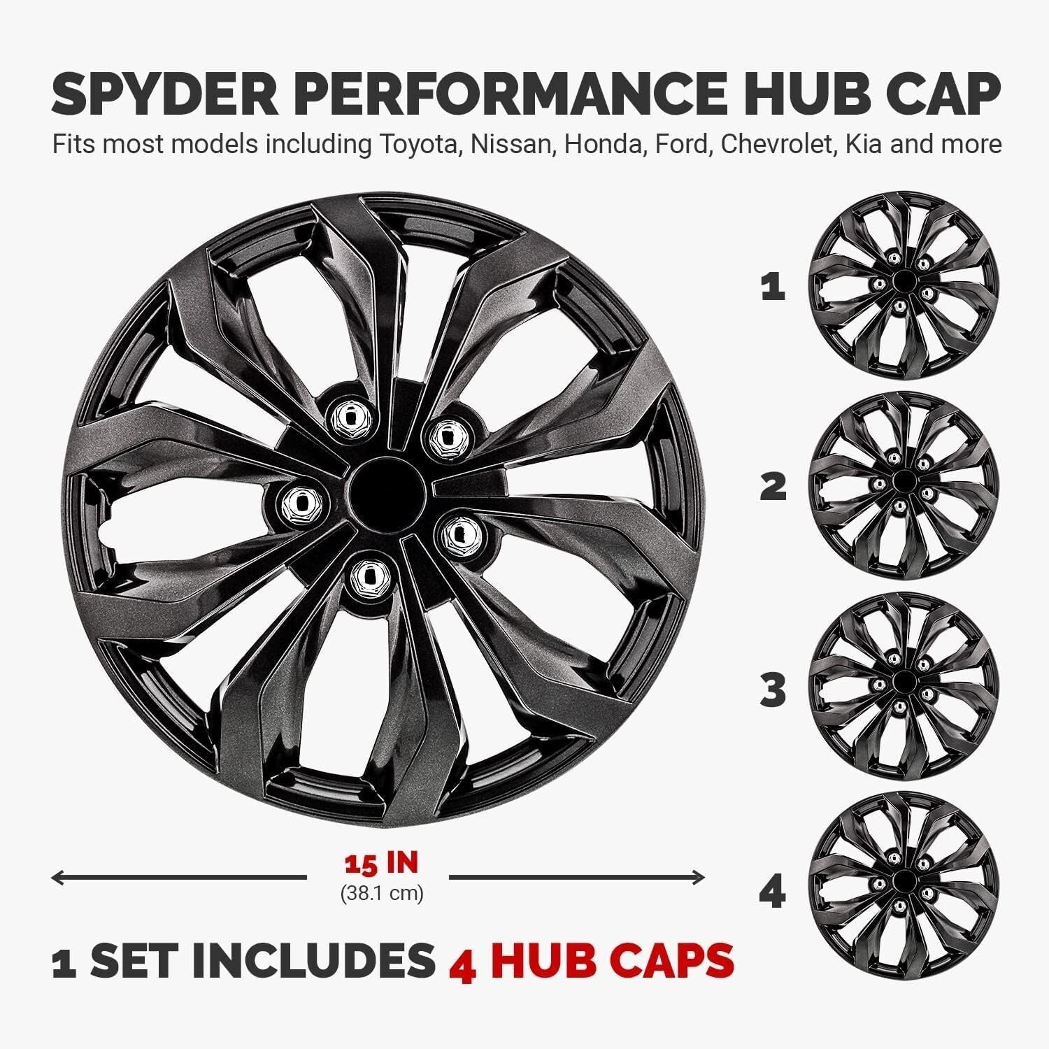 Durable 15-Inch Universal Hubcaps – Spyder Gunmetal Grey Fit for All Vehicles