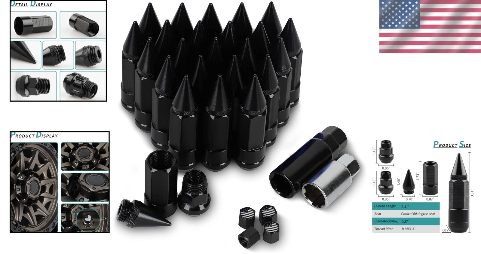 Durable 24PC M14X1.5 Lug Nuts Kit - Anti-Theft Alloy with Spline Keys Included