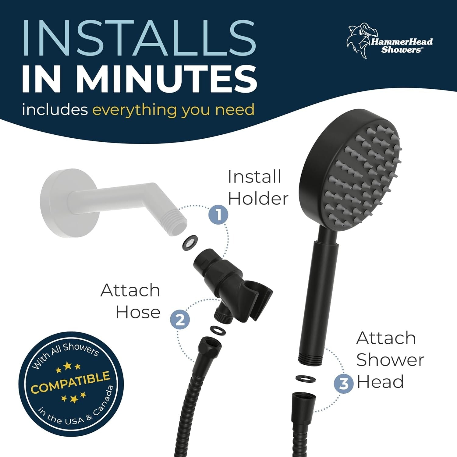 6ft Flexible Shower Hose with Matte Black Metal Shower Head - High Performance