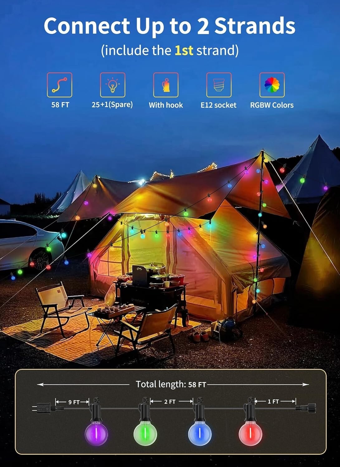 Vibrant RGBW Patio Lights - 58FT Waterproof String Lights for Memorable Events