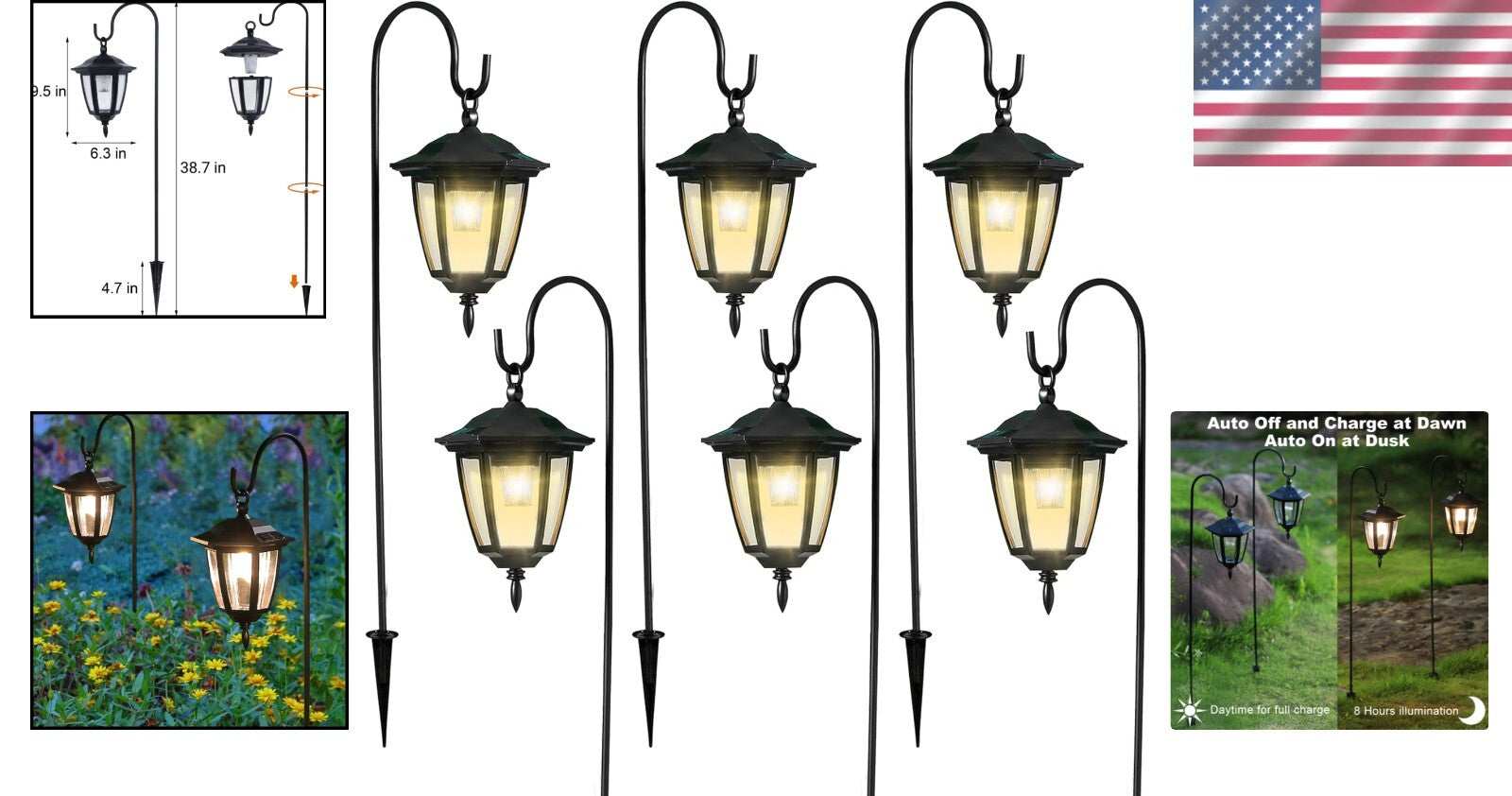 Elegant 6-Pack Solar Hanging Lights with 38.7” Hooks - Waterproof Outdoor Decor