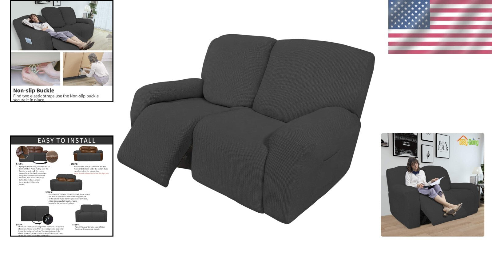 Dark Gray 6-Piece Recliner Loveseat Slipcover - Soft Stretch Sofa Protector