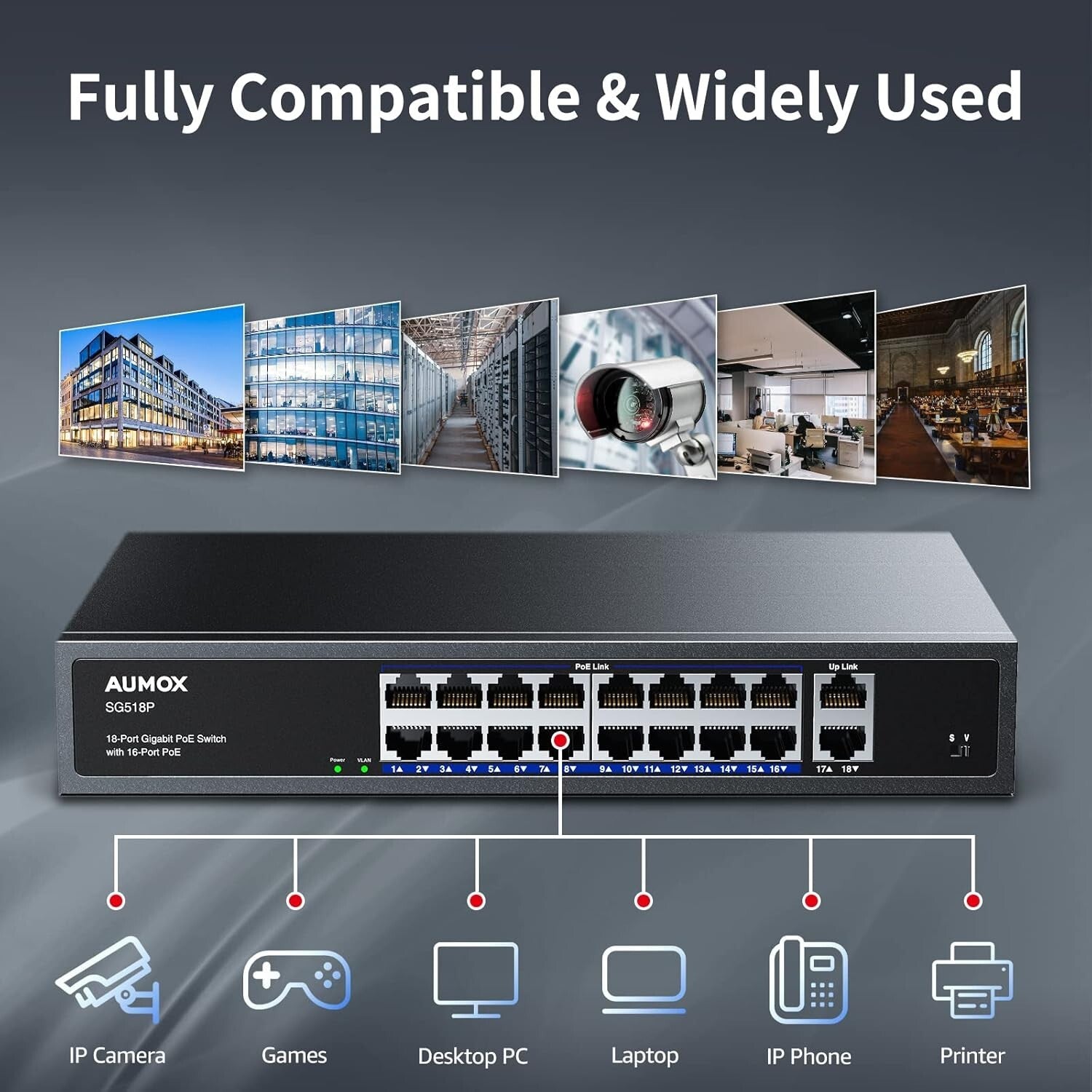 Unmanaged 18-Port PoE Ethernet Switch - 2 Uplink Gigabit Ports & VLAN Support