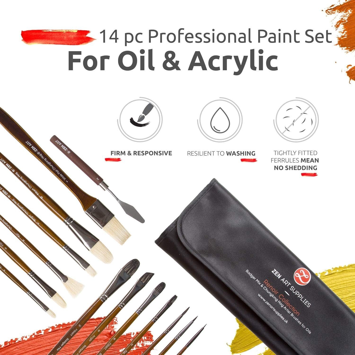 Luxury 14pc Oil & Acrylic Paint Brush Set with Birchwood Handles - No Shedding