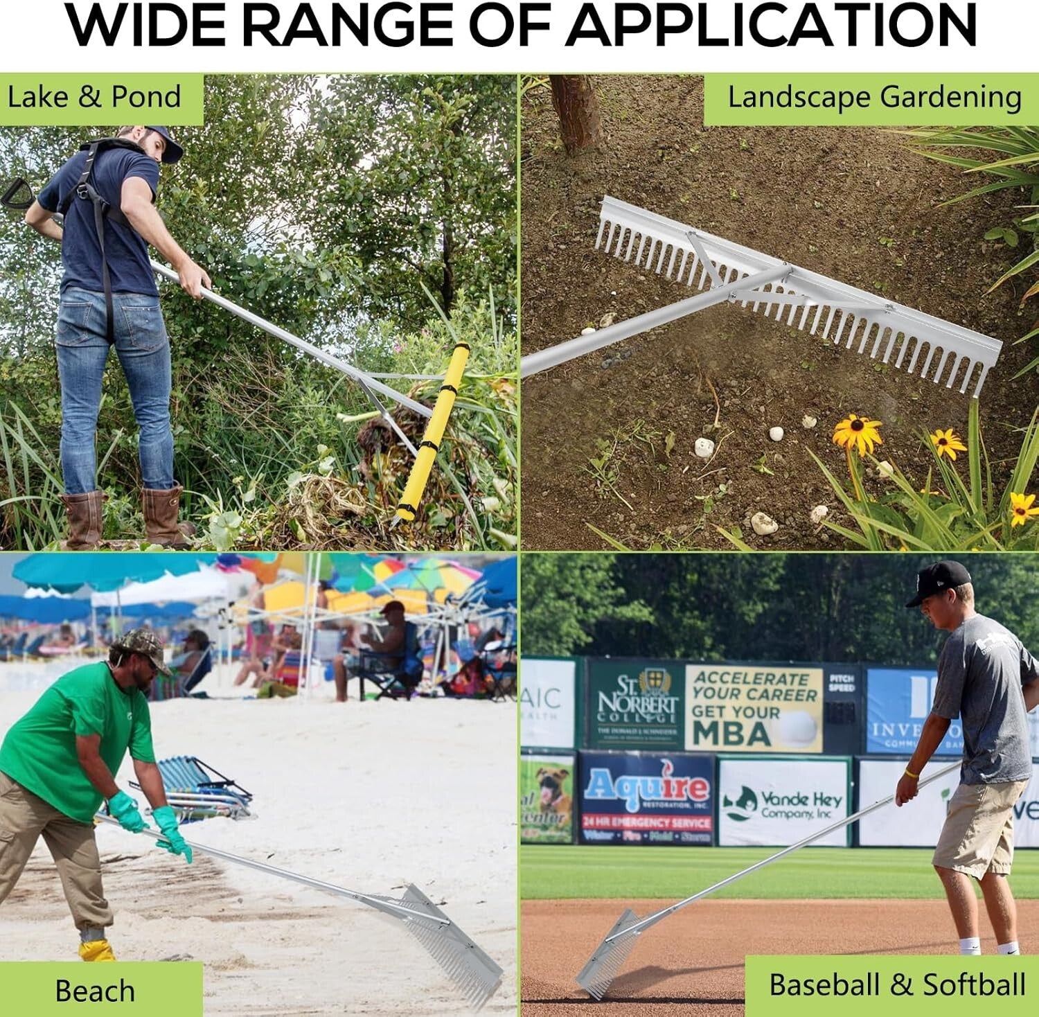 Versatile 36" Lake Rake with Detachable Handle & Weed Removal Rope - Yellow